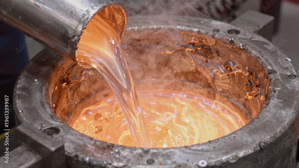 Fototapeta premium High-resolution taken laboratory setting close-up molten metal poured large round metallic vessel reddish-oran