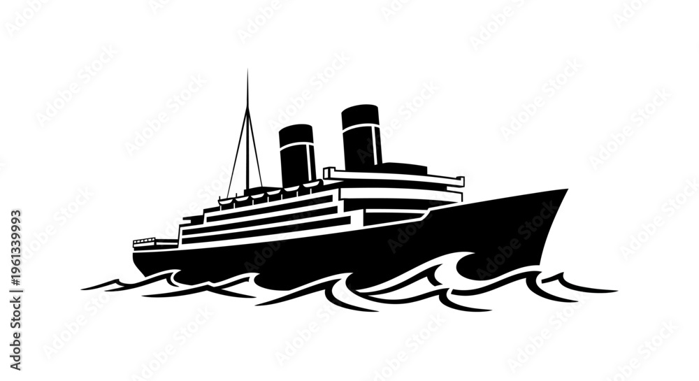 Naklejka premium Vintage ocean liner ship silhouette sailing through waves on a classic voyage