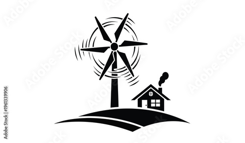 A silhouette of a windmill and house on a hill with motion lines