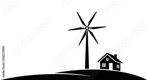 A silhouette of a house and wind turbine on a hill