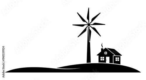 A silhouette of a house with a windmill on a hill