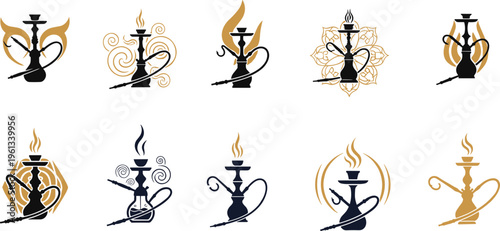 Hookah Icon Set Featuring Elegant Shisha Designs for Lounge, Café, and Relaxation Themed Graphic Projects