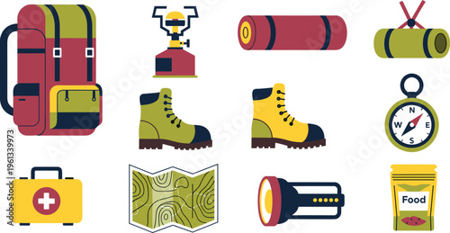 Camping and Hiking Gear Set with Backpack Tent Boots Compass Flashlight First Aid Map and Food Supplies Vector Illustration