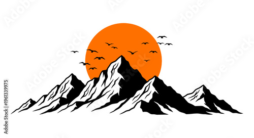 Vibrant orange sunset silhouette of snowy mountains with birds in flight