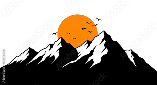 Vibrant orange sunset silhouette over snow capped mountain peaks with birds flying