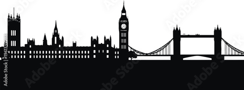 London city skyline silhouette featuring Big Ben clock tower, Houses of Parliament, Tower Bridge, Thames River, United Kingdom landmark, tourism, and British architecture.