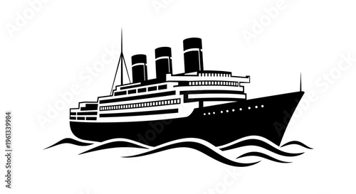 Vintage ocean liner ship silhouette sailing on wavy waters