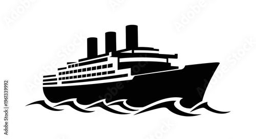 Black silhouette of a large ocean liner ship with three smokestacks on the water