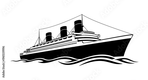Silhouette of a large ocean liner ship with three funnels and wave design