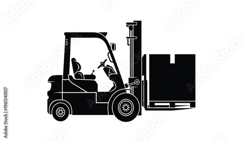 Silhouette of a forklift with a large load on a plain background