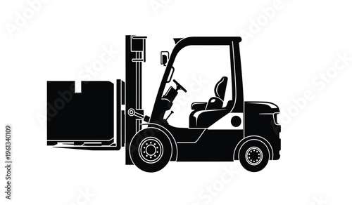 Silhouette of a forklift with operator and large load on white background