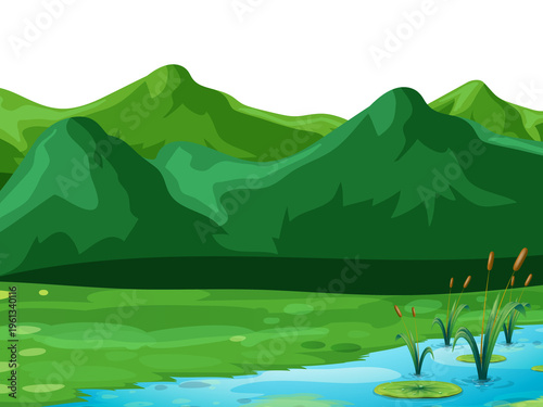 Photography cartoon landscape with green mountains and a pond with lily pads and reeds trans