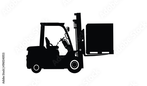 Silhouette of a forklift with a large load on a plain background