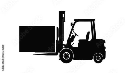Silhouette of a forklift with a large box on a white background
