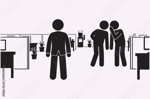 Stick Figures Whispering Behind Another Figure Workplace Politics Concept Minimal Black Vector Silhouette Illustration