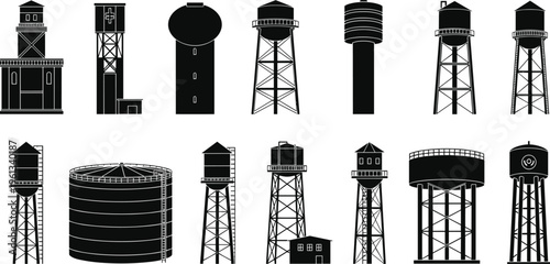 Water tower silhouettes set including industrial storage tanks and elevated reservoirs, urban and rural water supply structures isolated on white background for infrastructure design