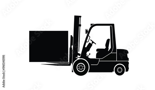 Silhouette of a forklift with a large box on a white background