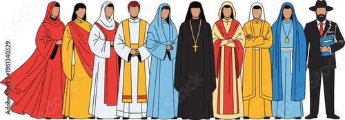 Diverse religious leaders standing together including priest, rabbi, nun, and monk for interfaith dialogue, peace, unity, and global cultural harmony concept illustration.