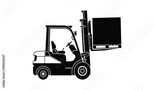 Silhouette of a forklift operator driving with a large load on the forks