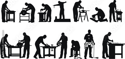 Carpenter silhouette set featuring woodworkers using hand tools, power saws, drills, and workbenches in a workshop for construction, craftsmanship, and manual labor.