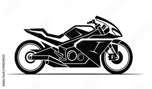 Silhouette of a sleek black motorcycle with futuristic design elements in profile view