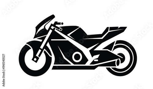 Silhouette of a sleek black motorcycle with futuristic design elements in profile view