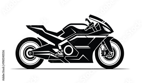 Silhouette of a sleek black motorcycle with futuristic design elements in profile view