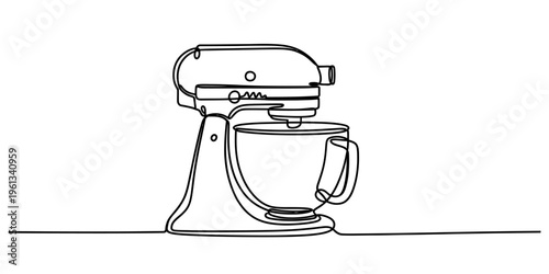 One line drawing of a kitchen stand mixer for baking and cooking on white background