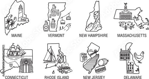 Hand-Drawn Line Art Northeast US State Maps Concept, Hand Drawn Vector Set of Northeast US State Maps with Iconic Landmarks for Travel Concept
