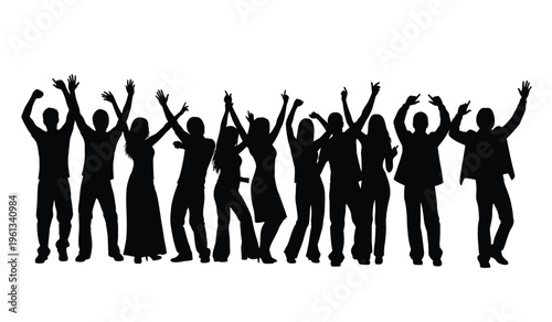 A group of people in silhouette celebrating with raised arms in unison