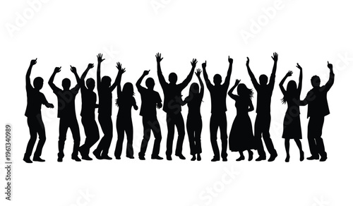 A group of people in silhouette celebrating with raised arms in unison