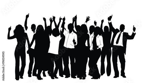 A group of people in silhouette celebrating with raised arms in triumph