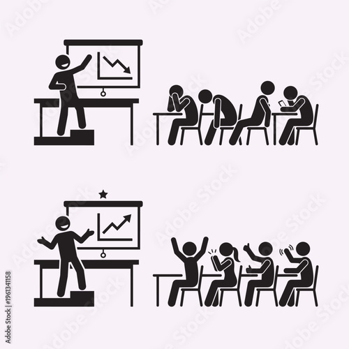 Two Icon Set Stick Figure Presenter Audience Engagement Success vs Disengagement Concept Minimal Black Vector Silhouette Illustration