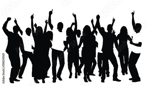 A group of people in silhouette celebrating with raised arms in unison