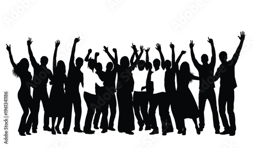 A group of people in silhouette celebrating with raised arms in unison