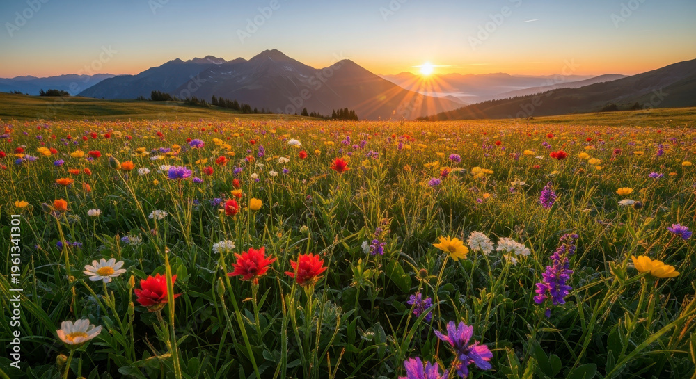 Fototapeta premium vibrant wildflower meadow at sunset with mountains