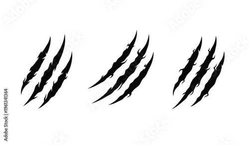 A silhouette of three sharp black claw marks on a white background