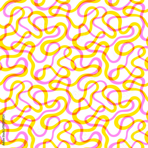 Continuous organic line seamless vector maze pattern. Endless groovy spring summer background. Layered risograph print effect. Doodle uneven hand drawn curved wavy line fluid winding twisted stripe.