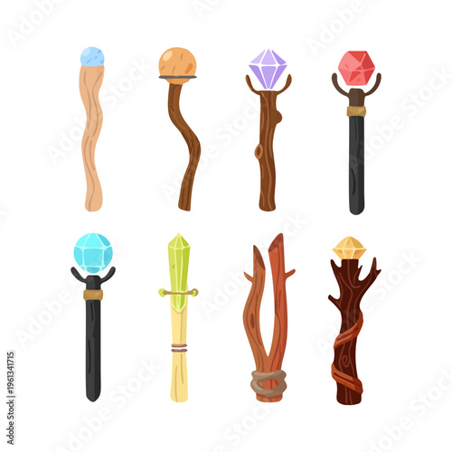 Eight magical fantasy wands with crystals on top are arranged on surface
