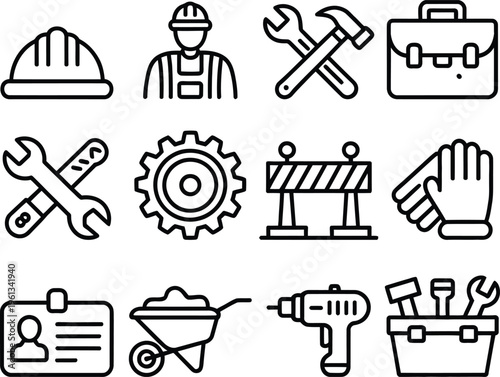 Collection of icons representing various construction and safety tools and equipment