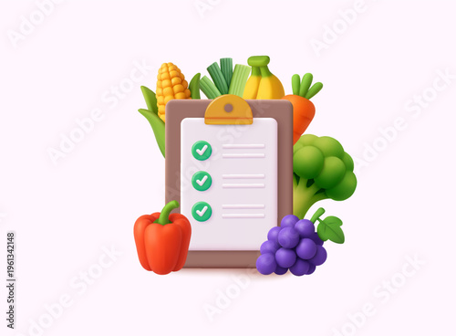 3D illustration of healthy food with checklist clipboard. Concept of diet planning, nutrition, healthy lifestyle and balanced eating.