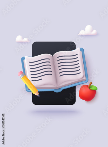 3D illustration of open book on tablet with pencil and apple. Concept of online learning, digital education, studying and knowledge.