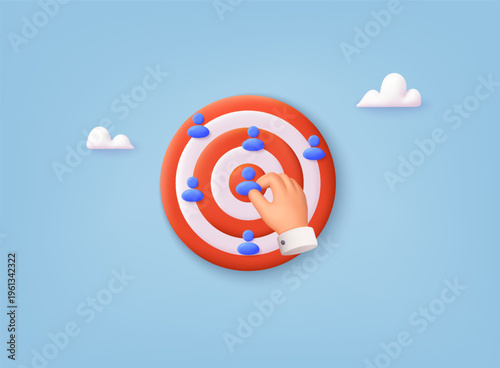 3D illustration of hand selecting user icon on target board. Concept of target audience, marketing strategy, customer segmentation and business analytics.