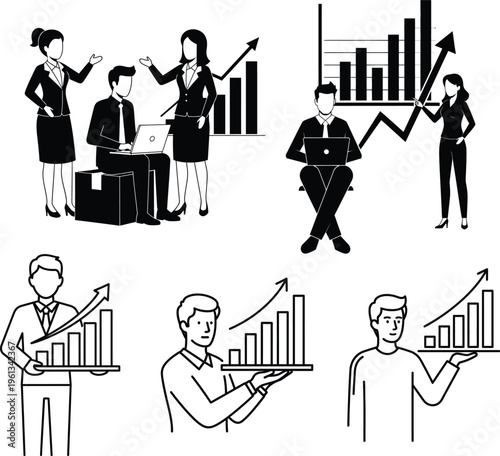 Business growth analytics team with rising charts, financial success concept, professional people silhouettes and line icons for corporate strategy and data visualization