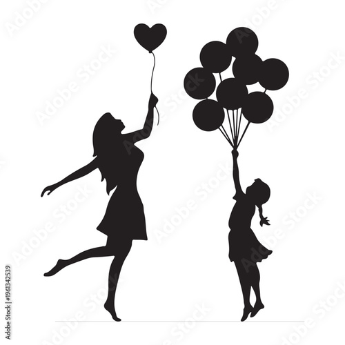Mother and Daughter Silhouette with Heart Balloons - Loving Bond