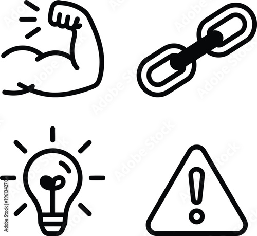 Four icons representing strength, connection, ideas, and caution in a minimalist style