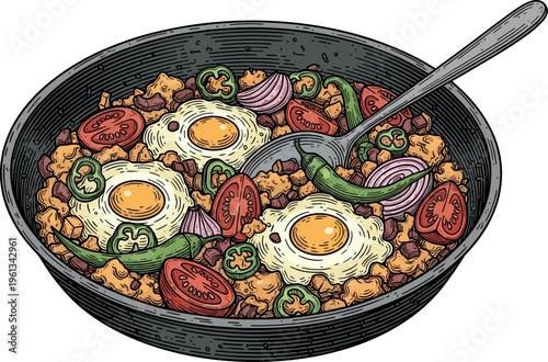 A delicious breakfast skillet filled with eggs and vegetables in a pan