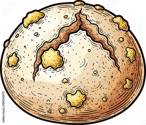 An illustration of a cracked and broken moon with craters and surface damage