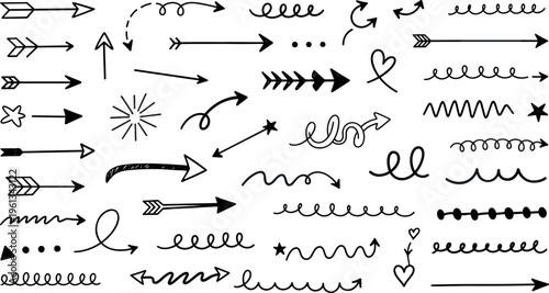 A collection of various hand-drawn arrows and decorative elements on a white background