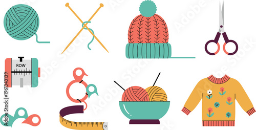 Knitting and Crochet Tools Set with Yarn Needles Scissors Tape Measure Hat Sweater and Crafting Accessories Vector Illustration